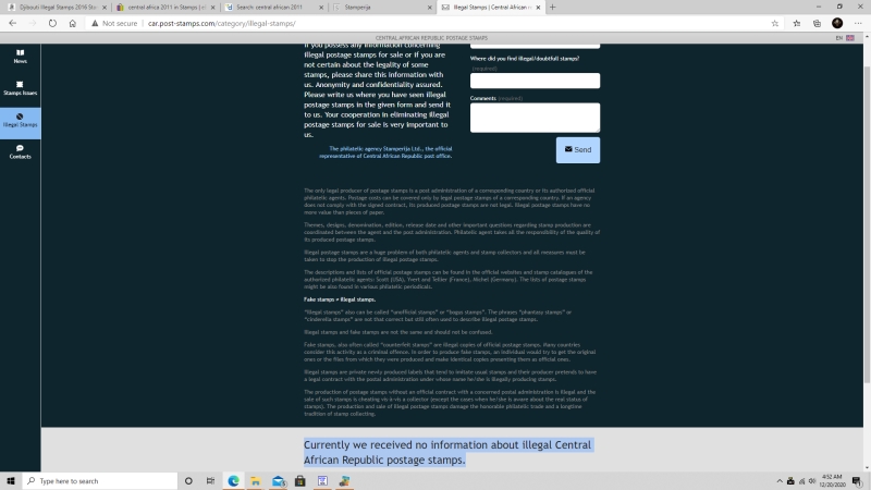Stamperija Webpage for Reporting Illegal Stamps for Central African Republic Snapshot Taken 12-20-2020 Stamperija Webpage for Reporting Illegal Stamps for Central African Republic Snapshot Taken 12-20-2020